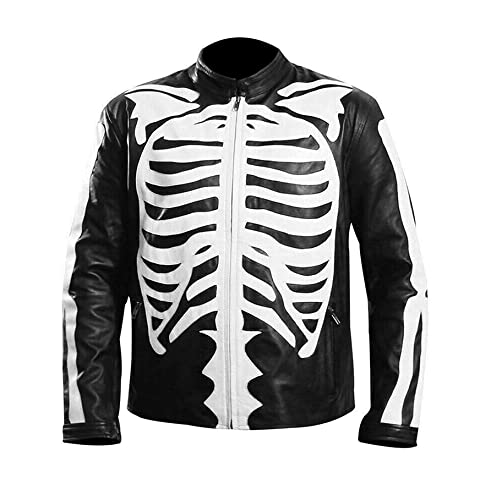 Herren Halloween Cosplay Skelett Design Knochen Schwarz Cafe Racer Biker Stil Lederjacke, Schwarz - Echtleder, S von MAXDUD