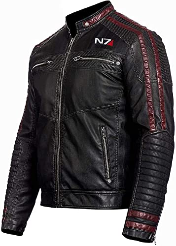 Herren N7 Mass 3 Gamer Kostüm Schwarz Lederjacke & Hoodie - Herren N7 Mass 3 Schwarz Motorrad Biker Jacke, Schwarz - Echtleder, L von MAXDUD