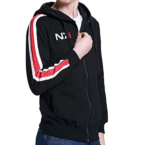 Herren N7 Mass 3 Gamer Kostüm Schwarz Lederjacke & Hoodie - Herren N7 Mass 3 Schwarz Motorrad Biker Jacke, Schwarz – Kapuzenpullover, L von MAXDUD