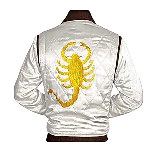Herren Scorpion Design Drive Bomber Style Gosling Halloween Jacke für Herren, White & Golden Skorpion – Satinjacke, XX-Large von MAXDUD
