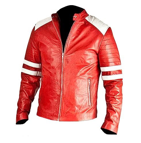 Herren Stilvolle Kampf Cafe Racer Lederjacke Club Casual Weiß & Rot Streifen Motorradjacke für Männer, Rot – Kunstleder, L von MAXDUD