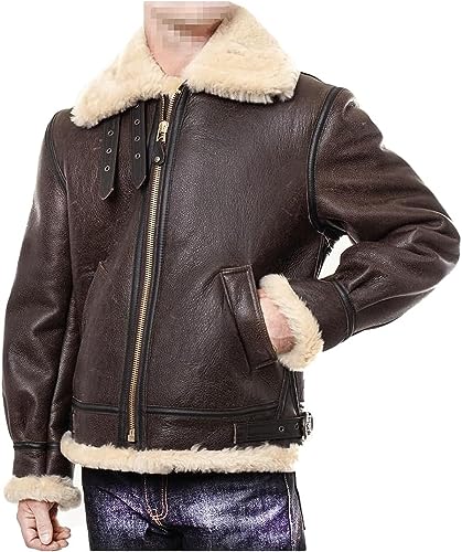 Herren SuperHero Gamer Leon Bomber Kunstpelz Shearling RE4 Leder Fliegerjacke für Herren, Braun – echtes Leder, S von MAXDUD