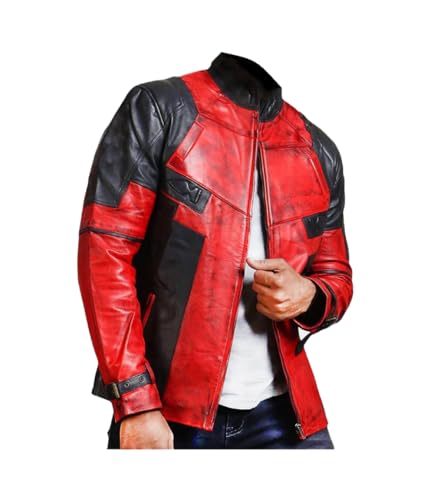Herren Superhelden-Stil Dead 3 Rot & Schwarz Leder Halloween Jacke für Herren, Rot und Schwarz – echtes Leder, L von MAXDUD