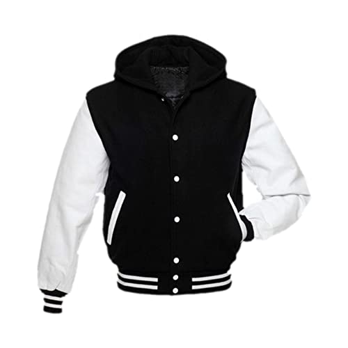 Herren Varsity College Jacke Baseball Jacke Letterman Bomber Wollkörper und Kunstleder Ärmel Freizeitjacke mit Kapuzenpullover, Schwarze und weiße Kunstleder-Ärmel – Wolle, Medium von MAXDUD