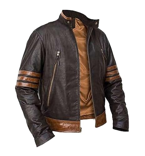 Herren X Braun Gestreift Herren Halloween Superhelden Kostüm Braun Lederjacke, Braun – Kunstleder, L von MAXDUD