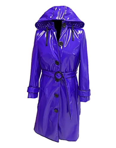 MAXDUD Damen-Regenmantel aus PVC, glänzend, mit Kapuze, leicht, stilvoll, langer Trenchcoat, Blau – PVC-Leder, Medium von MAXDUD