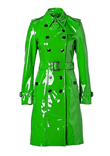 MAXDUD Damen-Regenmantel aus PVC-Leder, glänzend, leicht, stilvoll, Trenchcoat, Grün – PVC-Leder, Medium von MAXDUD