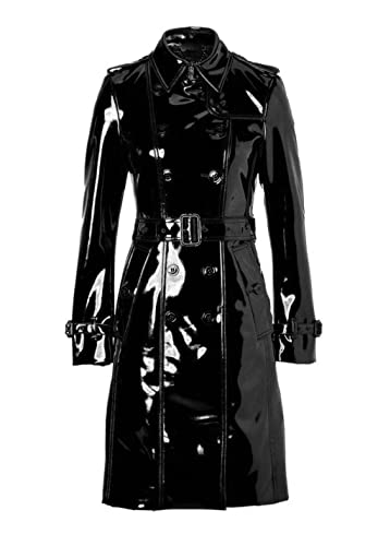 MAXDUD Damen-Regenmantel aus PVC-Leder, glänzend, leicht, stilvoll, Trenchcoat, Schwarz – PVC-Leder, Small von MAXDUD