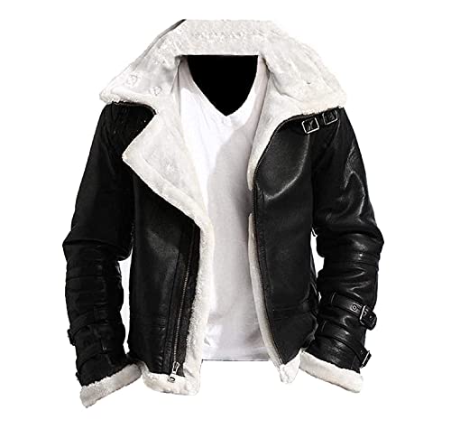 MAXDUD Herren Bomber Aviator Hooded B3 RAF Flying Pilot White Faux Fur Shearling Sheepskin Leather Jacket, Schwarz - Kunstleder, M von MAXDUD