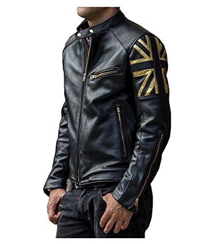 MAXDUD Herren Brando Britische Flagge Vintage Cafe Racer Union Jack UK Flag Motorrad Biker Schwarz Lederjacke, Schwarz - Echtleder, L von MAXDUD