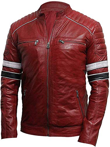 MAXDUD Herren Café Racer Retro Stripes Red Biker Lederjacke, Rot – echtes Leder, XXX-Large von MAXDUD