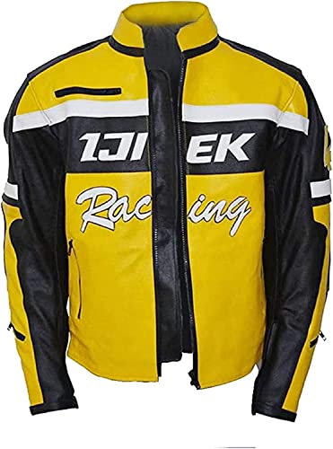 MAXDUD Herren-Motorradjacke aus echtem Leder und Kunstleder, Chuck Greene, Biker-Jacke, Gelb und Schwarz, Gelb – echtes Leder, S von MAXDUD