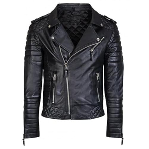 MAXDUD Herren Negan Jacke - Slim Fit Gesteppte Schultern Echtleder & Kunstleder Jacke Schwarz Motorrad Biker Jacke, Schwarz - Echtleder, S von MAXDUD