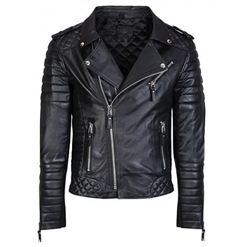 MAXDUD Herren Negan Jacke - Slim Fit Gesteppte Schultern Echtleder & Kunstleder Jacke Schwarz Motorrad Biker Jacke, Schwarz - Echtleder, XL von MAXDUD