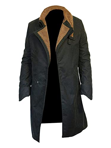 MAXDUD Herren Officer K 2049 Ryan Schwarz Baumwolle Trenchcoat und Kunstfell Reverskragen, Schwarz - Baumwolle, XX-Small von MAXDUD