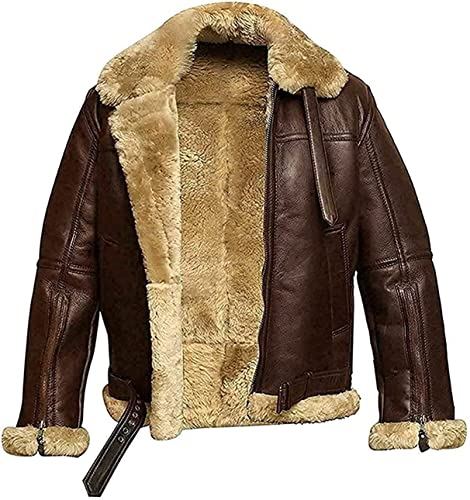 MAXDUD Herren Shearling Bomber Aviator B3 Sheepskin Lederjacke, Braun – echtes Leder, L von MAXDUD