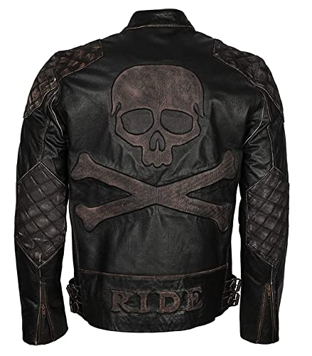 MAXDUD Herren Totenkopf geprägte Knochen schwarz Vintage Cafe Racer Motorrad Biker schwarz Lederjacke, Schwarzes Echtleder im Used-Look, XL von MAXDUD