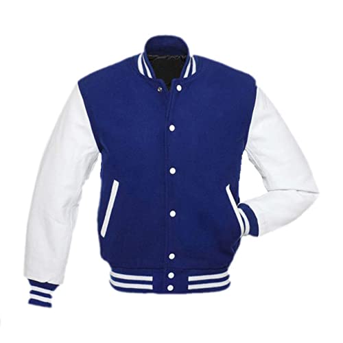 MAXDUD Herren Varsity High School College Jacke Baseballjacke, Letterman Bomber Wollbody mit Kunstleder Ärmeln Freizeitjacke, Ärmel aus Kunstleder in Blau und Weiß – Wolle, L von MAXDUD