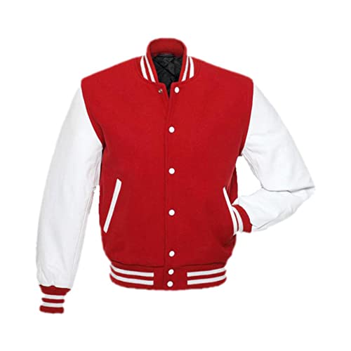 MAXDUD Herren Varsity High School College Jacke Baseballjacke, Letterman Bomber Wollbody mit Kunstleder Ärmeln Freizeitjacke, Ärmel aus Kunstleder in Rot und Weiß – Wolle, XXX-Large von MAXDUD