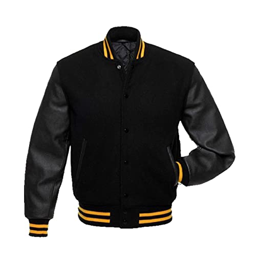 MAXDUD Herren Varsity High School College Jacke Baseballjacke, Letterman Bomber Wollbody mit Kunstleder Ärmeln Freizeitjacke, Schwarze Ärmel aus Kunstleder – Wolle, Medium von MAXDUD