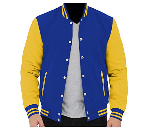 MAXDUD Herren Varsity Jacke College Letterman High School Slimfit Casual Baseball Leichte Jacke, Blau und Gelb – Fleece, L von MAXDUD