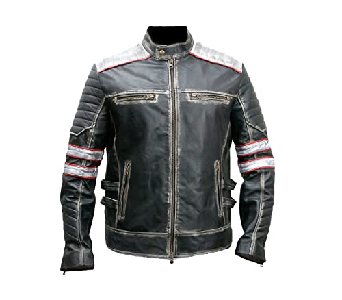 MAXDUD Herren Vintage Brando Retro Jacke Distressed Cafe Racer Motorrad Biker Lederjacke, Schwarzes und rotes Futter im Used-Look – echtes Leder, XXL von MAXDUD