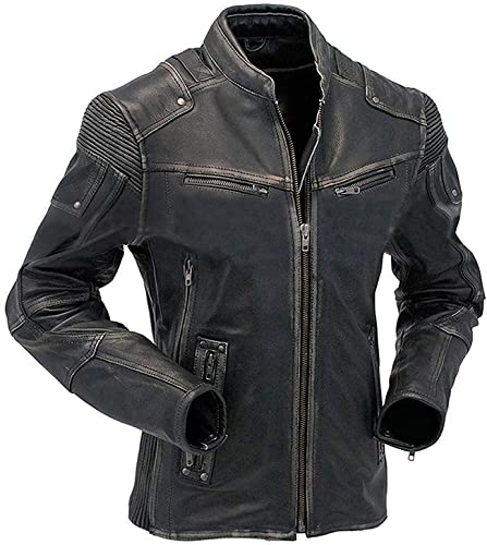 MAXDUD Herren Vintage Distressed Cafe Racer Motorrad Biker Jacke, Distressed Black Rider – echtes Leder, S von MAXDUD