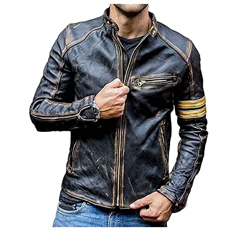 MAXDUD Herren Vintage Golden Stripes Retro Jacke Distressed Cafe Racer Motorrad Biker Lederjacke, Distressed Black & Golden Stripes - Echtes Leder, M von MAXDUD