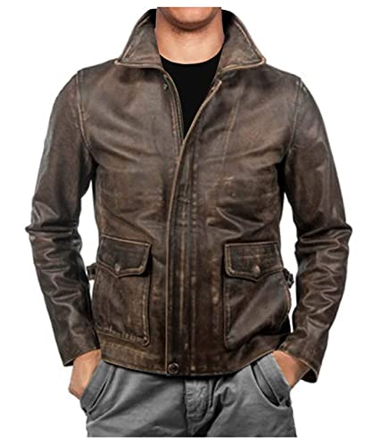 MAXDUD Herren-Jacke aus echtem Rindsleder, Vintage-Stil, Indiana-Bomber-Lederjacke, Braun, Braun im Used-Look, Rindsleder, L von MAXDUD