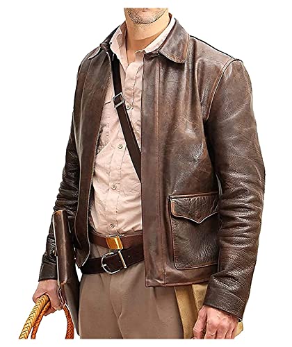 MAXDUD Herren Vintage Indiana Cowboy Braun Used-Look echtes Rindsleder Jacke Harrison Bomber Lederjacke, Braunes Rindsleder im Used-Look, L von MAXDUD