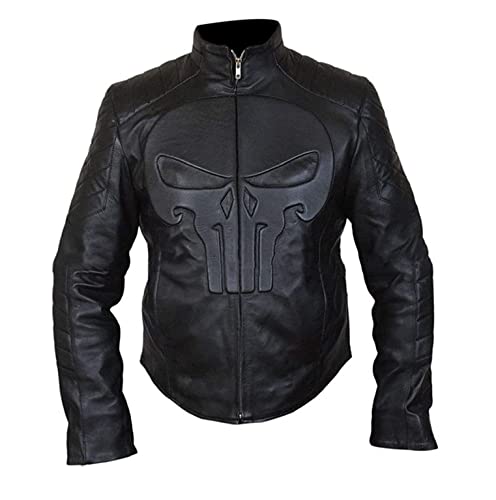 The Punisher Herren The Punisher White Skull Design Vintage Café Racer Schwarz Leder | Frank War Zone Tactical Style Leder Bikerjacke, Schwarz - Echtleder, XX-Large von MAXDUD