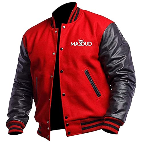 Varsity Jacke für Herren, Rot und Schwarz, leichte Jacke, College, Letterman-Jacke, Slimfit, lässig, Unisex, Baseballjacke, Rot und Schwarz – Wolle, XXXL von MAXDUD