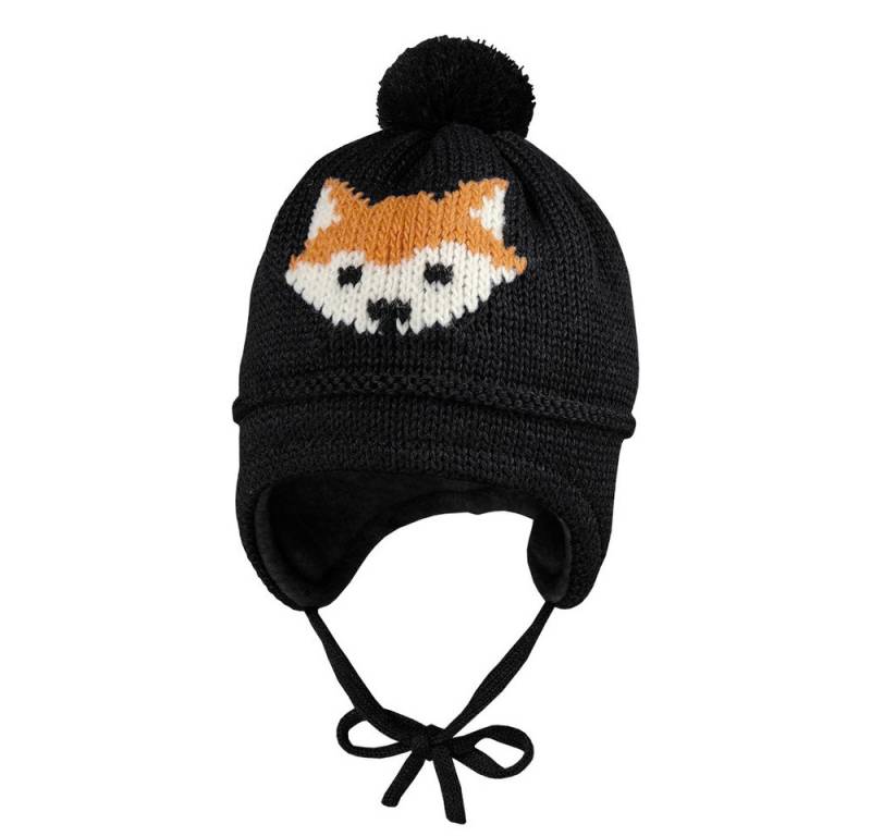 MAXIMO Strickmütze MINI BOY-Mütze, Intarsie Fuchs ausgenäht, Bindeband, Pompon, Futter (1-St) von MAXIMO