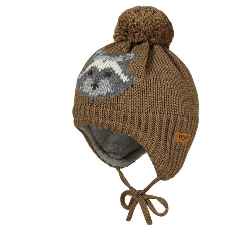 MAXIMO Strickmütze MINI BOY-Mütze, ausgenäht Intarsie Waschbär, Pompon, Futter (1-St) von MAXIMO