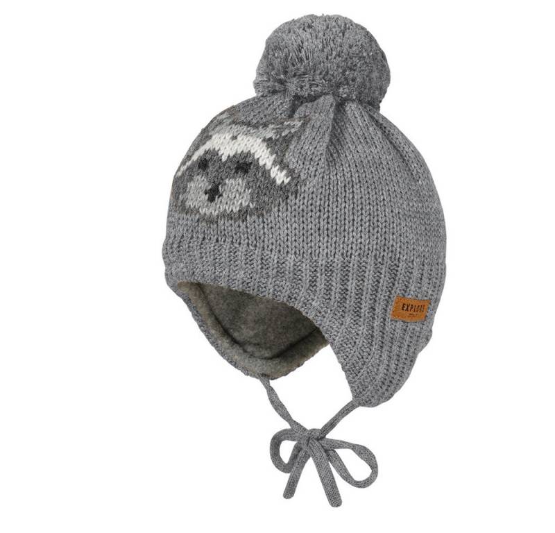 MAXIMO Strickmütze MINI BOY-Mütze, ausgenäht Intarsie Waschbär, Pompon, Futter (1-St) von MAXIMO