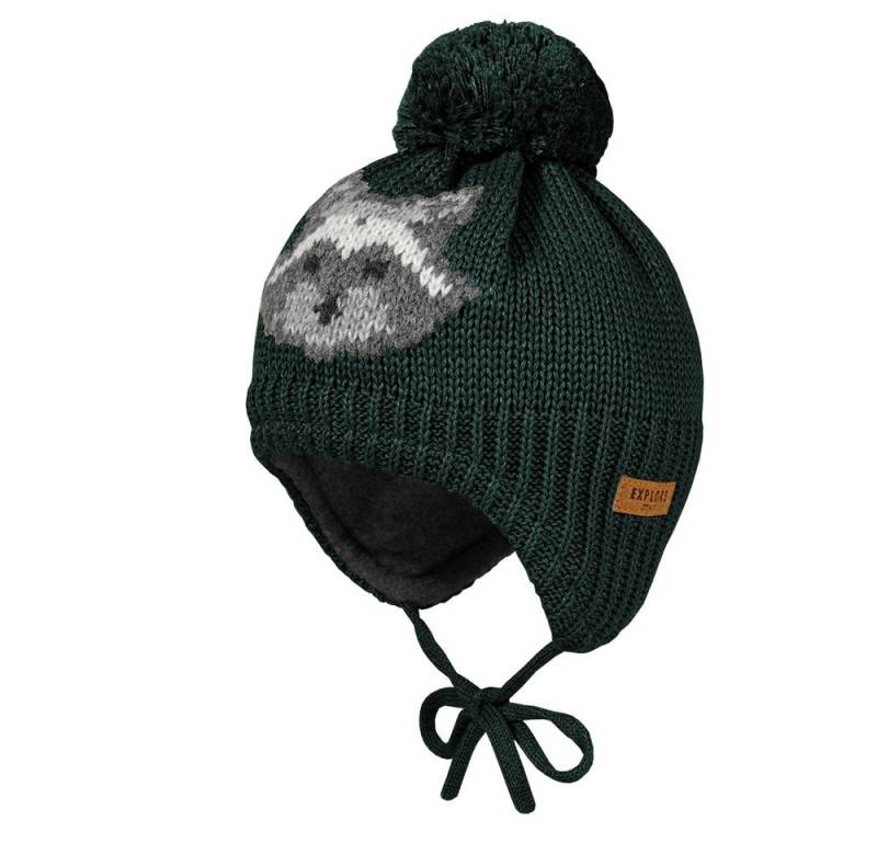 MAXIMO Strickmütze MINI BOY-Mütze, ausgenäht Intarsie Waschbär, Pompon, Futter (1-St) von MAXIMO