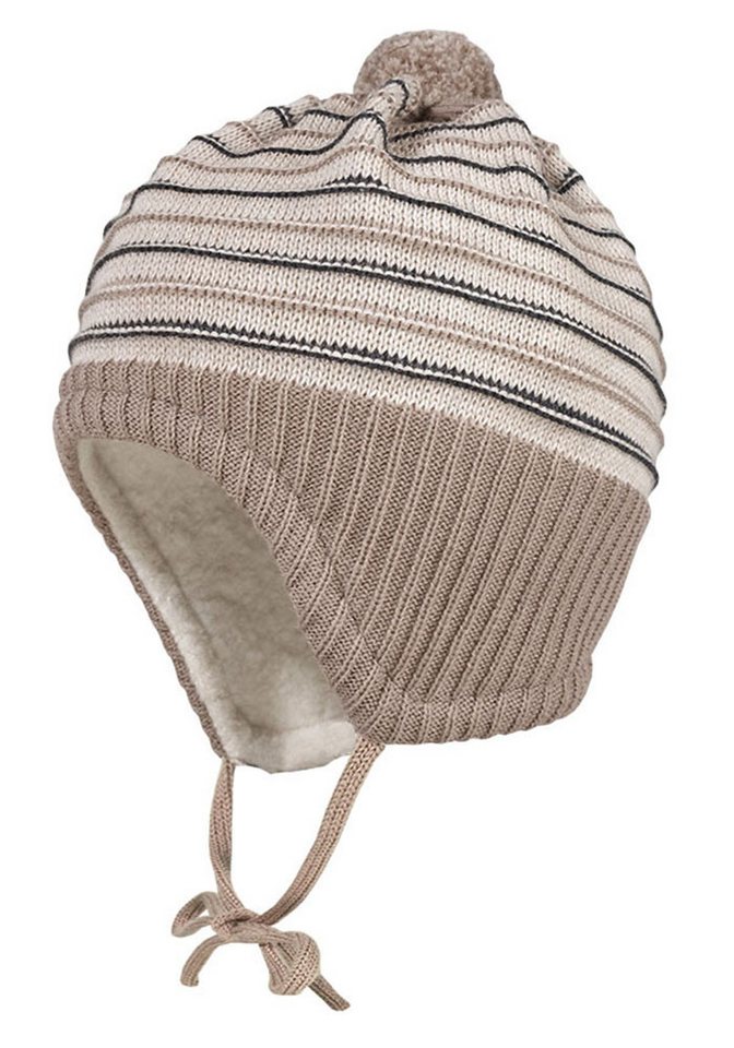 MAXIMO Strickmütze im Streifenlook mit Pompon, Bindeband und Teddyfutter von MAXIMO