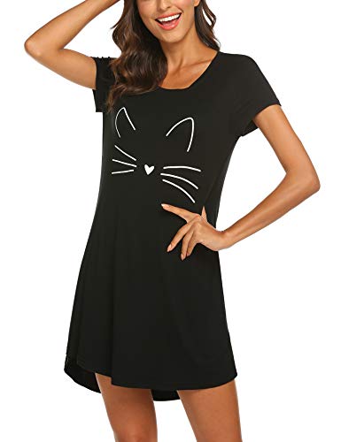 MAXMODA Damen Nachthemd Baumwolle Gemütlich Nachthemd Kurzarm Sleepshirt Knielang Nachtwäsche Negligee schwarz Katze M von MAXMODA