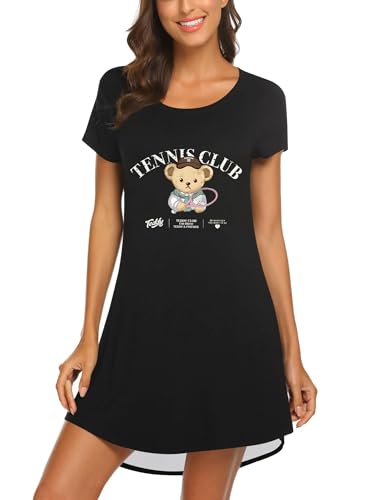 MAXMODA Damen Nachthemd Baumwolle Gemütlich Nachthemd Kurzarm Sleepshirt Knielang Nachtwäsche Negligee Teddy Bear Schwarz XXL von MAXMODA