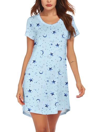 MAXMODA Damen Nachthemd Baumwolle Gemütlich Nachthemd Kurzarm Sleepshirt Knielang Nachtwäsche Negligee blau Stern Mond XXL von MAXMODA