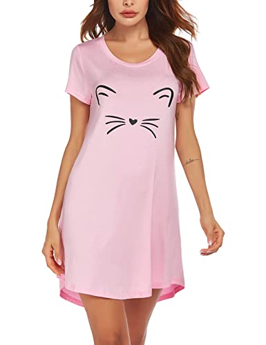 MAXMODA Damen Nachthemd Baumwolle Gemütlich Nachthemd Kurzarm Sleepshirt Knielang Nachtwäsche Negligee rosa L von MAXMODA