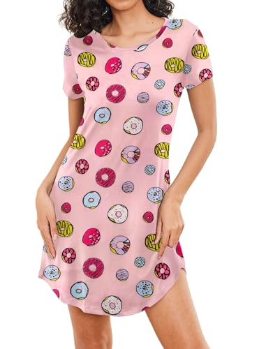 MAXMODA Damen Nachthemd Baumwolle Kurzarm Nachtwäsche Negligees Schlafhemd T-Shirt Sleepshirt rosa Donut M von MAXMODA