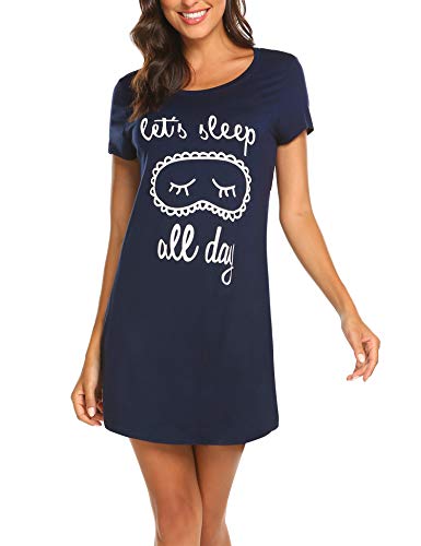 MAXMODA Damen Nachthemd Kurzarm Nachtwäsche Negligees Schlafhemd T-Shirt Navy Blau, Gr.M von MAXMODA