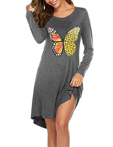 MAXMODA Damen Nachthemd Lang Nachtwäsche Langarm Rundhals Schlafhemd Warmes Nachtkleid, grau Schmetterling, XL von MAXMODA