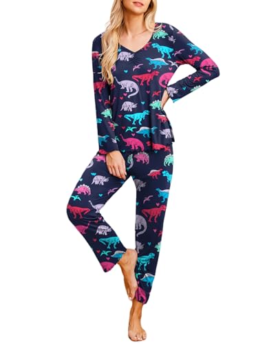 MAXMODA Damen Schlafanzug Lang Pyjama Winter Autumn Herbst Nachtwäsche V Ausschnitt Schlafanzüge Dinosaurier,M von MAXMODA