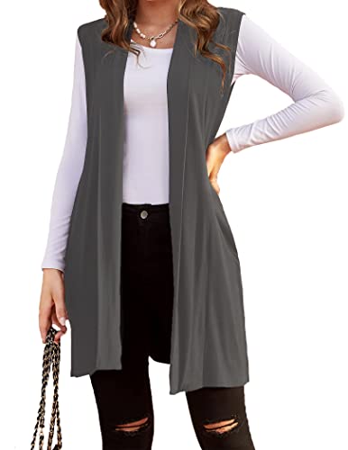 MAXMODA Mantel Damen Ärmellos Strickjacke Lang Jacke Weste mit Seitentasche für Sommer und Herbs,A-grau,S von MAXMODA