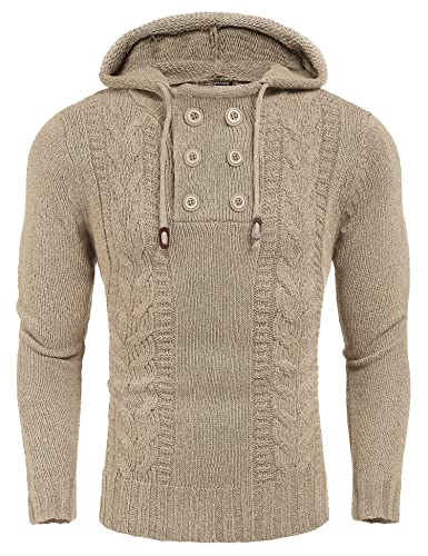 COOFANDY Pullover Herren Sweater Kapuzenpullover Hoodie Strickpullover Männer Slim Fit Langarm Mischpullover Khaki S von COOFANDY