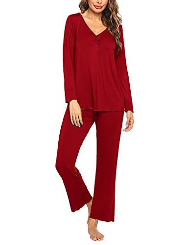 MAXMODA Schlafanzug Damen Lang Pyjama Set Langarm Nachtwäsche Winter Schlafanzüge Zweiteiliger, Rot S von MAXMODA