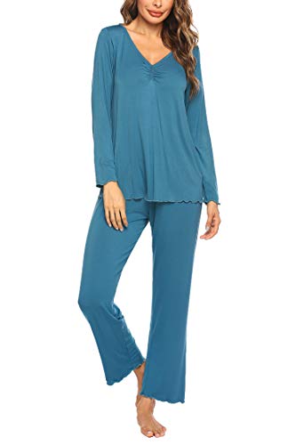 MAXMODA Schlafanzug Damen Lang Pyjama Set Langarm Nachtwäsche Winter Schlafanzüge Zweiteiliger, Blaugrün XL von MAXMODA