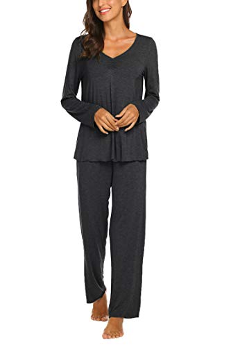 MAXMODA Schlafanzug Damen Lang Pyjama Set Langarm Nachtwäsche Winter Schlafanzüge Zweiteiliger, Dunkelgrau XXL von MAXMODA